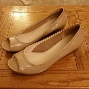 Cole Haan nude peep toe wedges